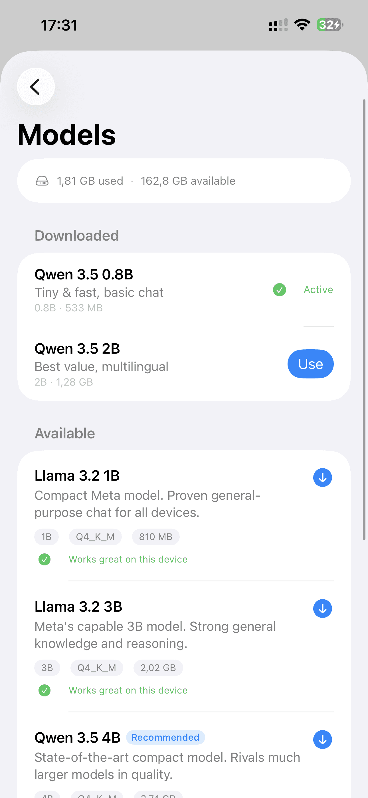 Nashi models library showing downloaded and available open-source models