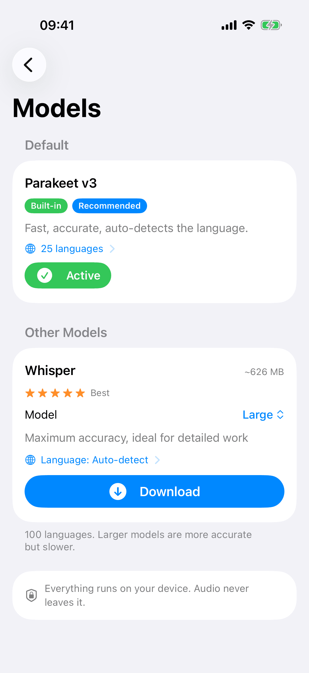 ScribeKit models screen showing the built-in Parakeet model and Whisper variants